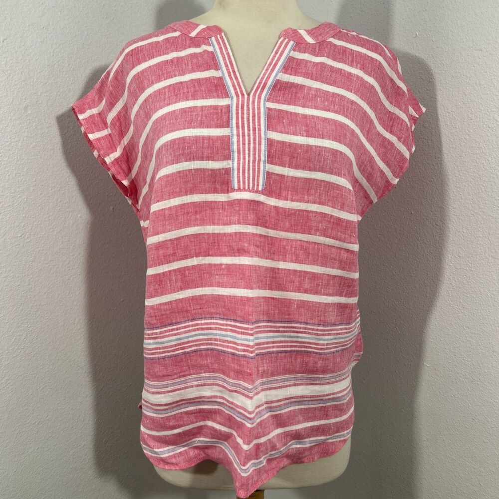 Talbots Top Womens Small Petite Linen Striped Nautical Beach Blouse